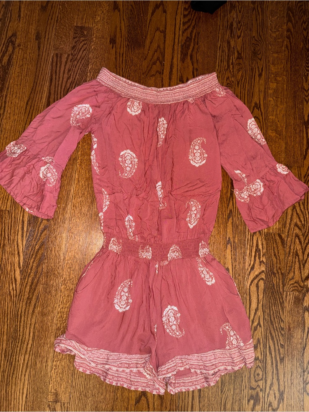 Off-Shoulder Pink Paisley Romper